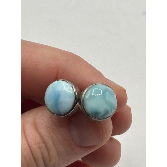 Larimar & Sterling Silver Round Stud Earrings - Picture 3 of 4